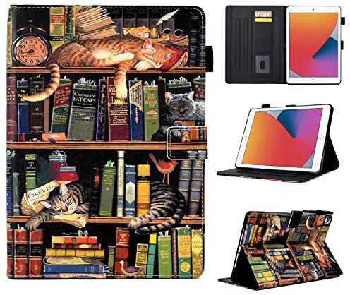 BTCeKe for iPad 6th/5th Generation Case 2018/2017 9.7 inch iPad Air 2 Case | Cute PU Leather iPad Air Case 9.7-inch Smart Folio Multi-Angles Stand Cover with Pencil Holder, Auto Wake/Sleep, Cat Library