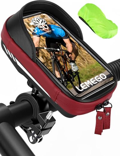 LEMEGO Fahrrad Handyhalterung Wasserdicht Lenkertasche 360°Drehbarem Motorrad Handyhalter für 4.7-7 Zoll Smartphone Halterung mit Regenhaube Handy Fahrradtasche Lenker Tasche (Rot)