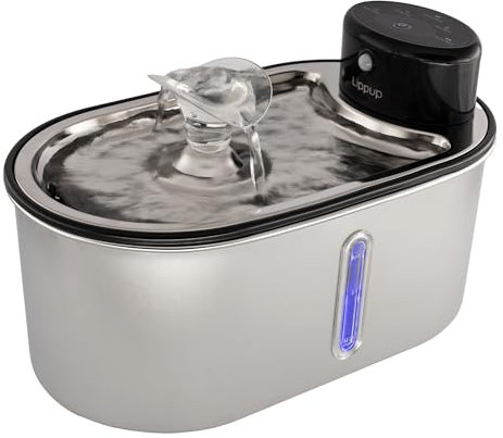 LIPPUP Fuente de agua automática de acero inoxidable para mascotas, silenciosa, 5200 mAh, funciona con pilas, filtración avanzada para agua limpia y fresca, perfecta para gatos y perros pequeños