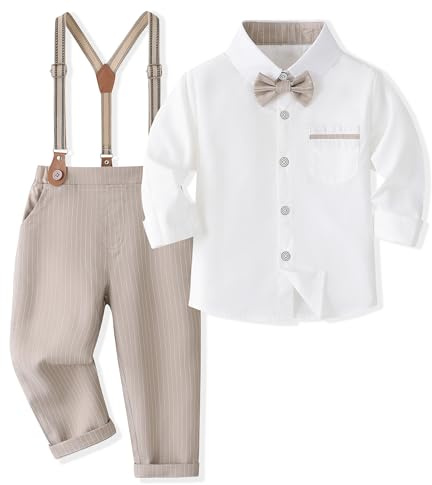 Volunboy Baby Jungen Anzug Set Bekleidung Hemd mit Fliege + Hosenträger Hosen Strampler Anzug(12-18 Monate,Größe 80,Khaki Gestreift)