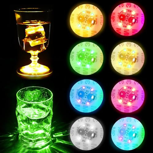 YOUYIKE 8 Pièces Dessous de Verre Lumineux LED, Dessous de Verre Multicolores, LED sous-Verres Autocollants Lumineux, 3 Modes d'éclairage, Convient pour Boissons, Fête Mariage Bar-Coloré (8 pcs)