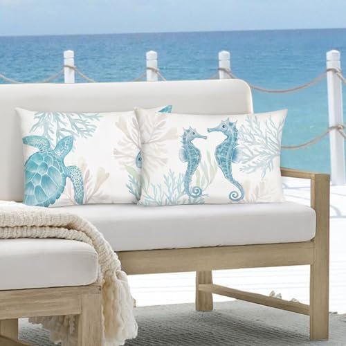 Bonhause 2er Set Kissenbezüge Küsten Ozean 30 x 50 cm Seepferdchen Meeresschildkröte Dekorative Kissenhülle Zierkissenbezüge für Sofa Schlafzimmer Zuhause Dekoration