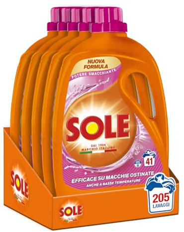 Sole Detersivo Lavatrice Potere Smacchiante 205 Lavaggi, (5x41), Formula igienizzante, Detersivo Lavatrice Liquido Potere Smacchiante, rimuove le macchie a basse temperature