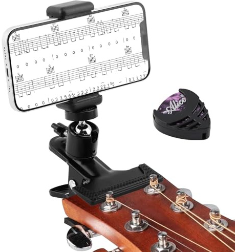 Kryslanix Gitarren-Telefonhalterung für Live-Übertragung, Videoaufnahmen, Gitarren-Bass-Kopf-Handyhalterung mit Gitarrenplektrum, 360° drehbar, Kopf-Handyhalterung für 8,9 - 19,1 cm Handys
