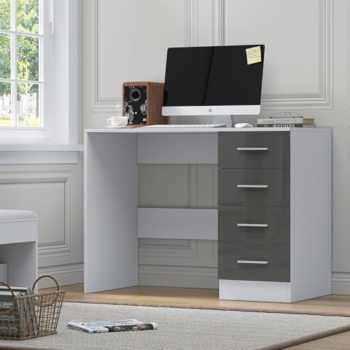 Reflect 4 Drawer Desk/Dressing Table | Grey Gloss & Matt White | Modern Bedroom Storage for Vanity, Work or Study | H: 72cm x W: 99cm x D: 39.5cm
