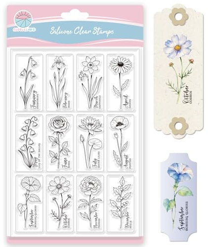 GLOBLELAND Transparente Silikonstempel, Blumenmotiv Lesezeichen mit Gänseblümchen & Pfingstrosen, Monat-Motive, Bastelstempel für Kartenbasteln, Scrapbooking, Journaling & DIY Prägearbeiten
