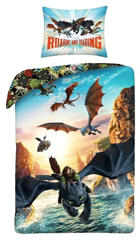 Halantex Bettwäsche-Set Dragon Trainer – Hiccup Zahnlos und die Drachen von Berk – Bettbezug 140 x 200 cm mit Kissenbezug 70 x 90 cm – Mikrofaser – mehrfarbig