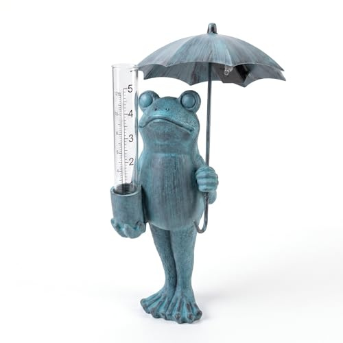 Topadorn Pluviomètre en résine en forme de grenouille pour extérieur - Lumières LED solaires - 55 cm de haut - Décoration de jardin bleue - Capacité de pluie de 12,7 cm - Facile à lire