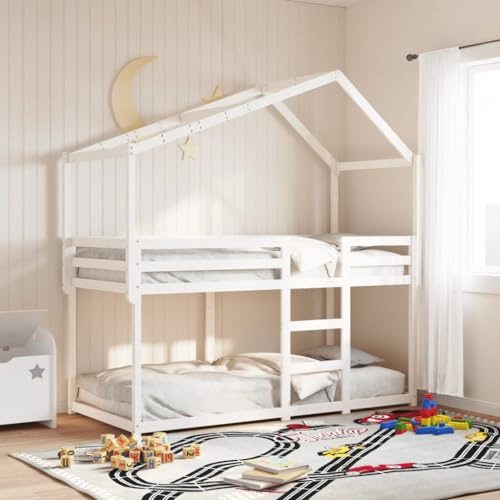 QJBSAVVA Kinder Etagenbett mit Dach weiß 205,5x95,5x112 cm Massivholz Kiefer platzsparendes Doppelbett für kleine Zimmer ohne Matratze