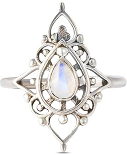 Mondstein Ring aus echtem 925er Sterling Silber/Damenring/ovaler runder Regenbogen Stein/Stimmungsring mit Geschenkbox/Mandala/natürlicher Edelstein/Boho Schmuck für Frauen (52)