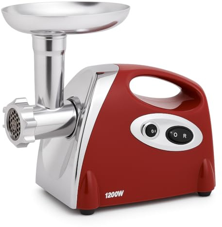 Picadora de Carne Eléctrica 1200W, 3 Discos, Reversa para Embutidos (ROJO) | Cuchillas inox, bandeja metálica, cabezal desmontable y base antideslizante