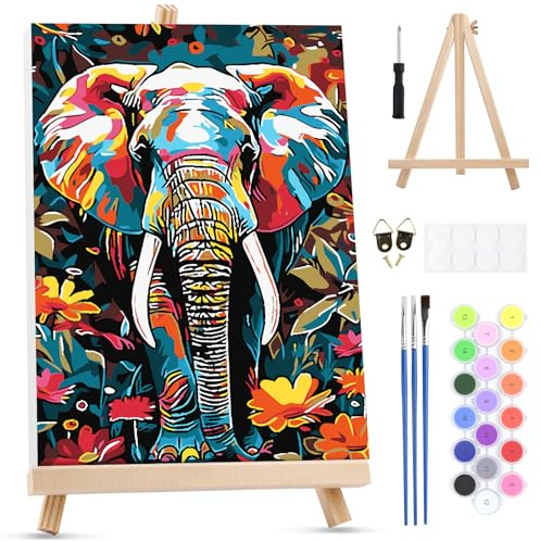 MXJSUA Peinture Numero Enfant Adulte avec Cadre, Éléphant Floral Coloré Numéro d'art avec Pinceaux, Loisirs Créatifs Adultes, Activité Manuelle Adulte, 20x30cm