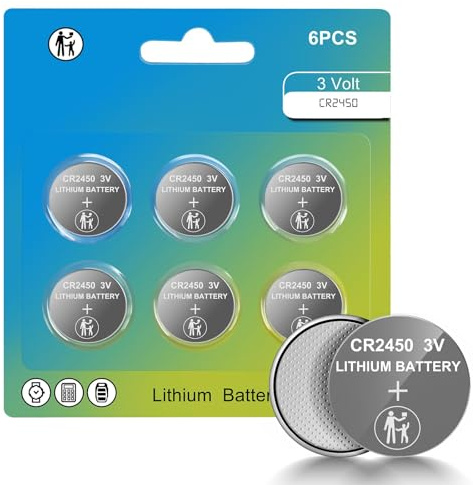 CR2450 Battery, 2450 3V Lithium Battery, 6 Pack CR 2450 3 V Flat Button Coin Cell Batteries for Key Fobs, Car Keyless Remote, Watches, Garage Door Openers, Calculators