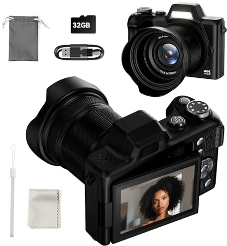 4K Digital Camera for Photography, 56MP Autofocus Vlogging Camera for YouTube Travel, 3 180°Flip Screen & Lens Hood 16X Zoom, 32GB SD Card for Teens & Beginners