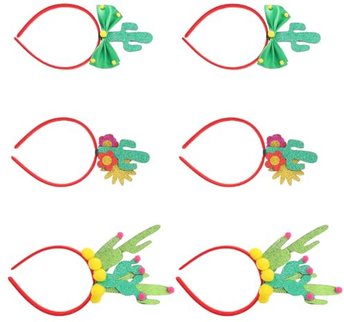 Cactus Party Headband 6pcs Plastic Fabric Boho Headwear | Cinco De Mayo Classroom Favours, Snug Fit, Delicate Craftsmanship, Cactus Patterns, Mixed Bow and Dahlia Set