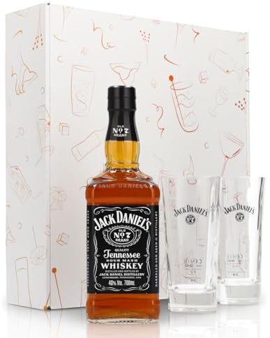 Sipply Geschenkset 3-teilig mit 2 Longdrinkgläser und 1 Flasche Jack Daniels 0,7l 40,0% Vol. | mit Geschenkverpackung: Weiß | Geschenk für Frauen Männer Mama Papa Freundin zu Weihnachten Ostern