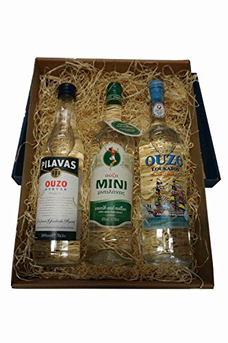3x Lieblings Ouzo Geschenk Box Set - Mini Mytilini 40% Pilavas 38% Loukatos 38% je 700ml aus Griechenland griechischer Traditions Trester mild - 3er Set beliebter Anis Schnaps
