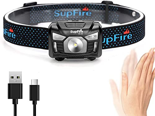 Supfire Linterna Frontal LED 500 Lúmenes LED CREE Lámpara de Cabeza con Luz Roja y Interruptor de Temperatura Inducción,Recargable con Cable USB Directamente,5 Modos para Camping Ciclismo,Modelo HL06