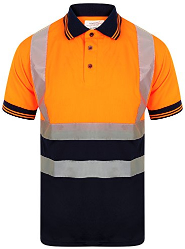 HuntaDeal Hi Viz VIS High Visibility Polo Shirt 2 Tone Reflective Tape Safety Security Work Button T-Shirt Breathable Lightweight Double Tape Workwear Top, Orange Navy, 5XL