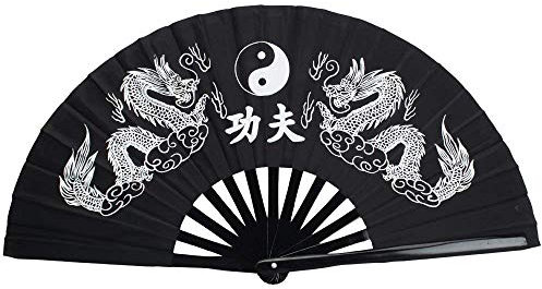 Éventail chinois pliant en bambou Tai Chi Kung Fu avec motif dragon et phénix (Noir)