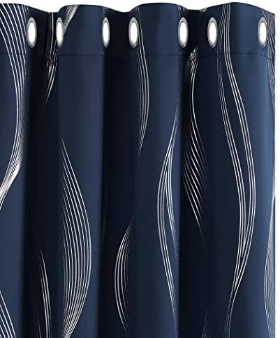 Deconovo Cortina Opaca para Habitación Matrimonio Moderno de Líneas Curvas Plateadas con Ojales 2 Piezas 140 x 240 cm Azul Marino