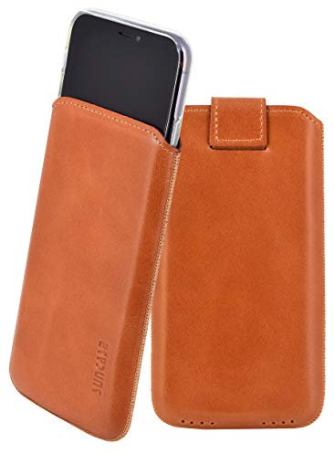 Suncase ECHT Leder Tasche kompatibel mit iPhone 11 Pro Max (6.5) mit ZUSÄTZLICHER Transparent Hülle | Schale | Silikon Bumper Handytasche (mit Rückzugsfunktion und Magnetverschluss) in Cognac