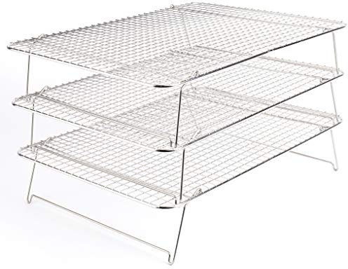 Tebery Lot de 3 grilles de refroidissement pliables et empilables en acier inoxydable 304 42 x 30,5 x 22 cm Retrait facile des gâteaux Surface de refroidissement ultra large Argenté