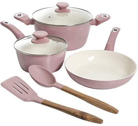 Gibson Home Plaze Café' Batería de Cocina de cerámica Antiadherente de Aluminio Forjado con Base de inducción y Mango de baquelita Suave al Tacto, Rosa Lavanda