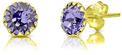 DTPSilver - Damen Ohrringe 925 Sterling Silber Gelb Vergoldet mit Kristallen von Swarovski® Elements 6 mm Runde Ohrstecker - Farbe : Tansanit