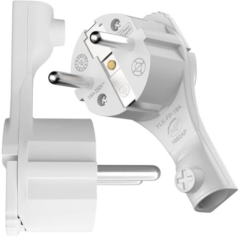 RedStar24 Schutzkontakt-Winkelstecker 250V, 16A, Flachstecker mit Klappgriff & Knickschutz, 8 mm Höhe, für Kabel bis 3x1,5 mm², CEE 7/7, Schuko-Winkelstecker extraflach mit Bügel, 2 Stück, Weiß