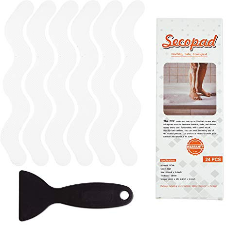 Secopad Pegatinas Antideslizantes para Ducha, 24 unidades, Tiras Adhesivas de Seguridad para Bañera, Ducha, Escaleras, Raspador Incluida (Blanco)