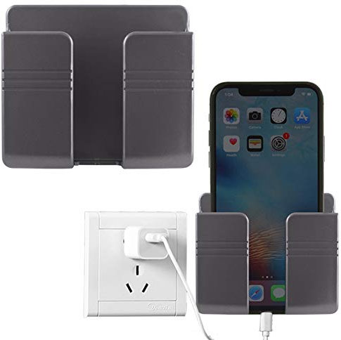 DEMON KILLER Wall Mount Phone Holder 3M Adhesive Mobile Phone Charging Stand Holders Remote Control Stand Multipurpose Storage Box for Home Office (Gray 2pack)