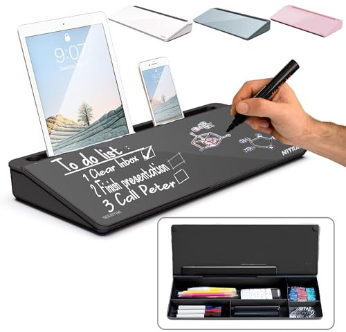 NITRAM Tableau blanc en verre avec tiroir de rangement et fente pour accessoires Dimensions : 40,5 x 18,5 x 6 cm. Avec effaceur et deux marqueurs (Noir)