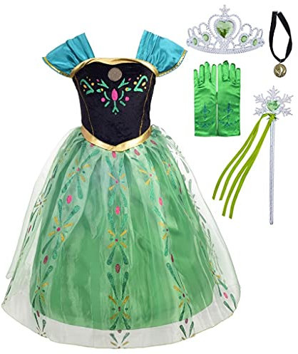 Lito Angels Deguisement Reine des Neiges Robe de Couronnement Princesse Anna avec Accessoires Enfant Fille, Taille 4-5 ans, Vert