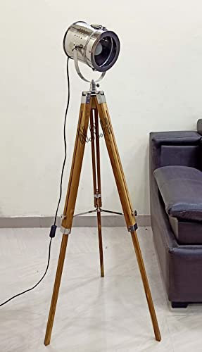Lampadaire Trépied Industriel en Bois, Lampe sur Pied pour Salon et Chambre à Coucher
