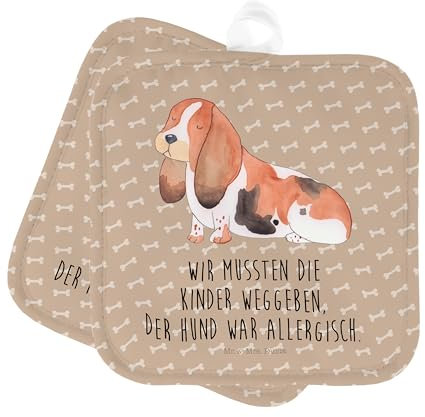 Mr. & Mrs. Panda 2er Set Topflappen Hund Basset Hound - Geschenk, Hundemotiv, Tierliebhaber, kinderlos, Ofenhandschuh, Topflappen mit Spruch,