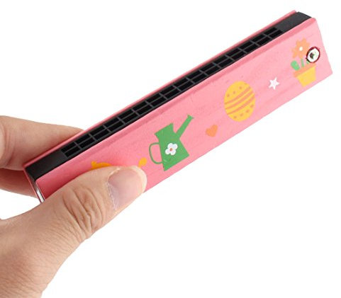 Ruilogod Cadre en bois motif dessin animé double rangée 32 trous harmonica rose