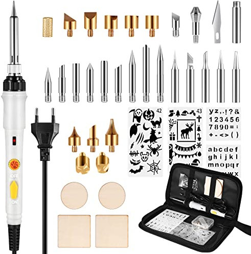 saldatore a stagno Kit Pirografia Legno SREMTCH, Pirografia Legno 40 Pezzi 60W Temperatura Regolabile 200°C-450°C, Interruttore ON/OFF, Attrezzi Incisione Professionale lavori su Cuoio Legno