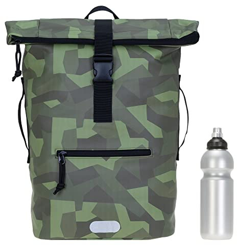 Rucksack Herren Plane Time Bag Kurierrucksack Roll-Top Fahrradrucksack Sport Fitness Damen 23 Liter A4 12821 + Flasche (12824 Cyber Camo Oliv)