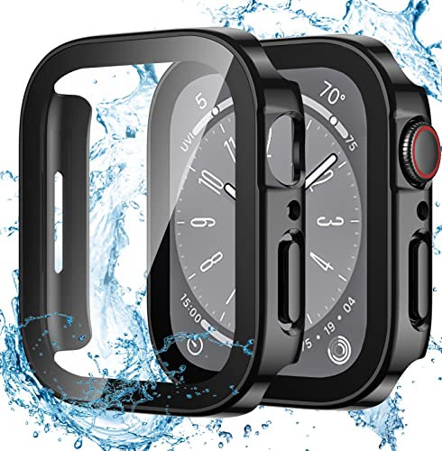 Dirrelo 2 Stück Schutzhülle für Apple Watch Series 9/8/7 45mm Hülle mit Panzerglas Displayschutz, Wasserdicht Hart PC Flache Kante Case, Hochempfindliche Schutzfolie für iWatch 9/8/7, 2Schwarz