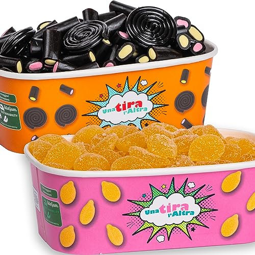 Confezione mista di caramelle gommose al gusto liquirizia, zenzero e limone - Una tira l'Altra | Maxi Pack composto da 3 vaschette Kalizia e 3 vaschette Zenzero e Limone da 450g