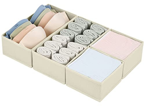 DIMJ Organizadores de Cajones 4 Cajas de Almacenaje Plegables de Tela Organizadores de Armarios Separadores de Cajones Cubos de Almacenaje para Sujetadores, Calcetines, Corbatas, Bufandas (Beige)