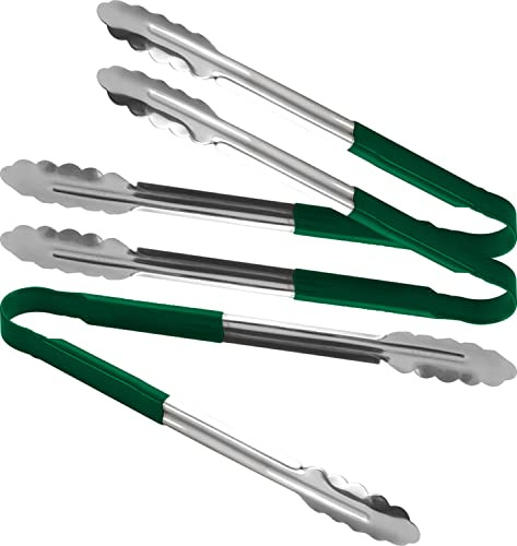 3X Catergold Professional Stainless Steel Cooking Tongs Set (12, Green)