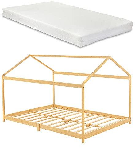 [en.casa] Kinderbett Vindafjord 140 x 200 cm mit Matratze Bettenhaus Spielbett Juniorbett Bettgestell mit Lattenrost aus Bambus in Haus-Optik
