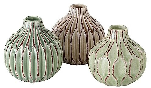 Vase im 3er Set im Shabby Chic Look aus Keramik Blumenvase Tischdekoration für Blumen und Trockenblumen Dekoratives Design - Grün