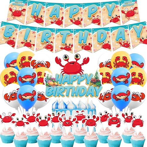 Krabben Geburtstag Party Dekorationen Krabben Party Zubehör beinhaltet Krabben Happy Birthday Banner Kuchen Topper Cupcake Toppers Ballons für Krabben Party, Meeresfrüchte Party, Ozean Party