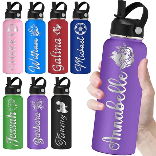 Botellas de agua personalizadas con pajilla, 1,134.0 g, botella de agua grabada personalizada para la escuela, nombre personalizado, doble pared aislada, color morado