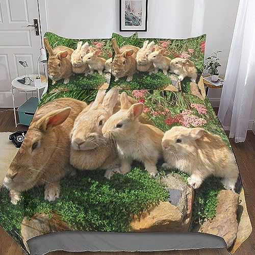 HELVES Bettwäsche 135x200 cm Kaninchen, 3D Bettwäsche Set Mikrofaser Bettbezug Niedlicher Hase für Kinder, Weiche Bettbezüge + 2 Kissenbezug 80x80 cm, mit Reißverschluss