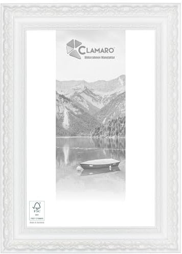 CLAMARO 'OTTO' Bilderrahmen Antik 40x50 Massivholz | Weiss matt | 80 mm breite Shabby Chic Vintage Barock Leiste | Holzrahmen inkl. Acrylglas, Rückwand, Metall Aufhänger