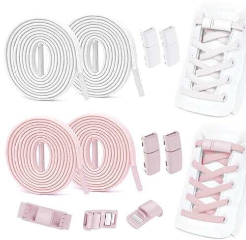 FINEASY 2 Paar Elastische Schnürsenkel, Schnürsenkel Ohne Binden, Schleifenlose Schuhbänder Gummi Schnürsenkel mit Metall-Magnetverschluss für Kinderschuhe Wanderschuhe Sportschuhe, Weiß & Rosa